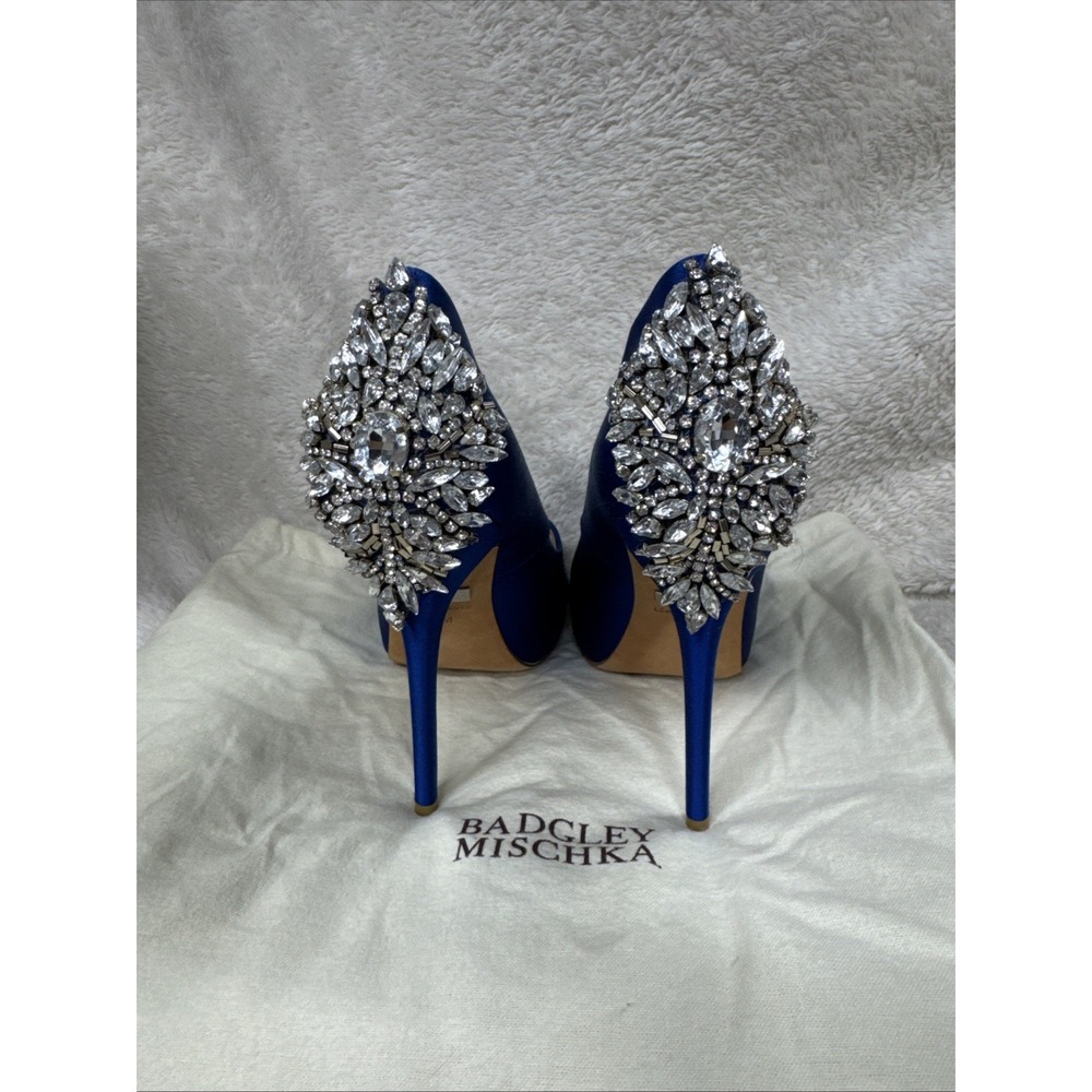 Badgley Mischka Kiara Embellished Peep-Toe Pumps -Sapphire Satin Blue Size 7.5